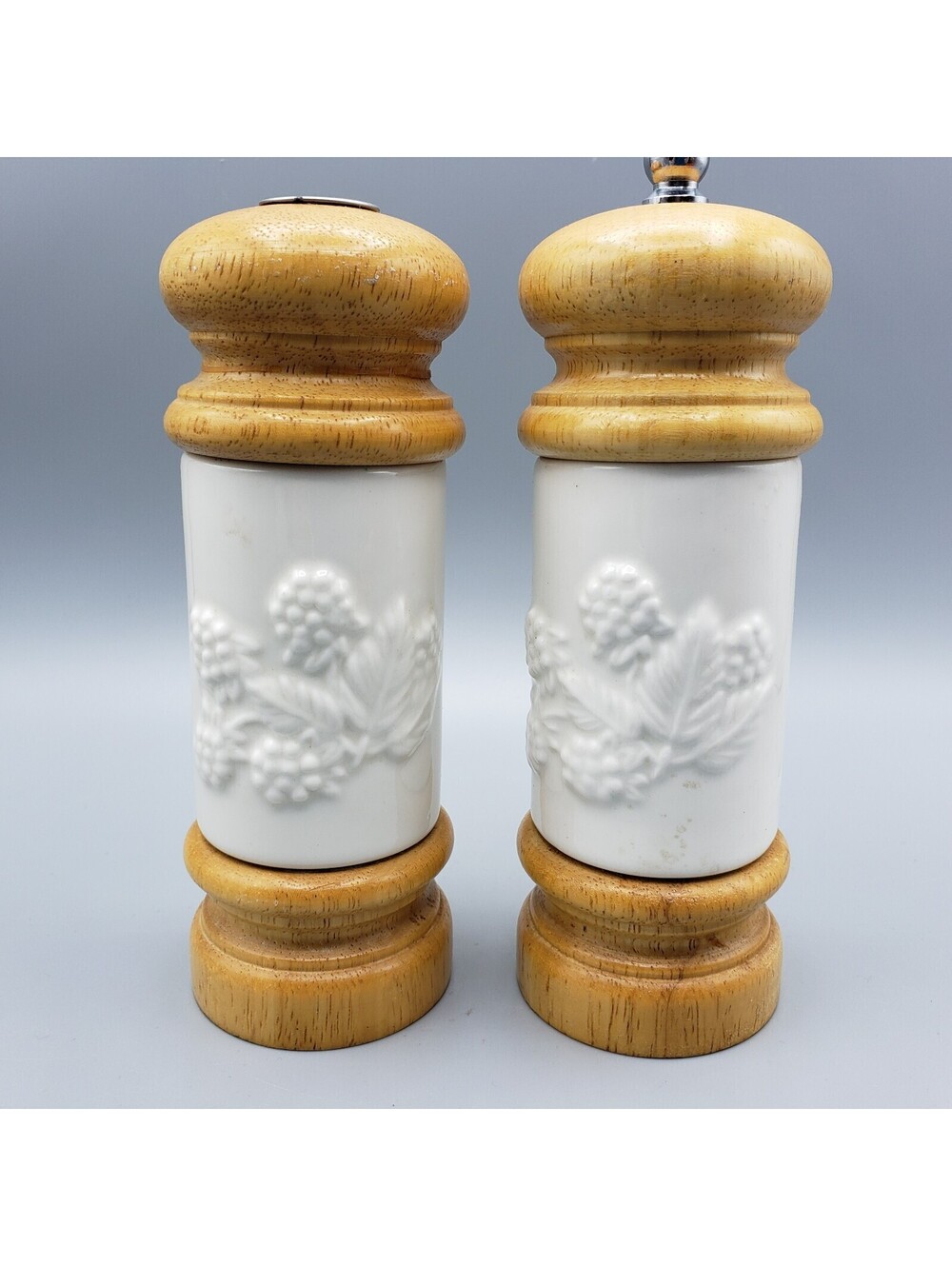 Mr. Dudley Salt & Pepper Shakers Grinder Wood & Ceramic Berries Leaves Embossed